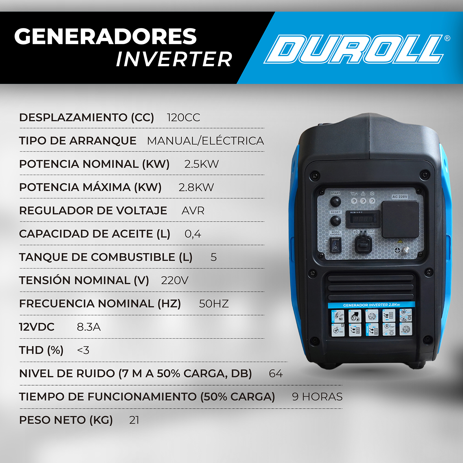 GENERADOR INVERTER INSONORO 2,8KW 120CC ARRANQUE ELÉCTRICO – PANEL USB - Imagen 3