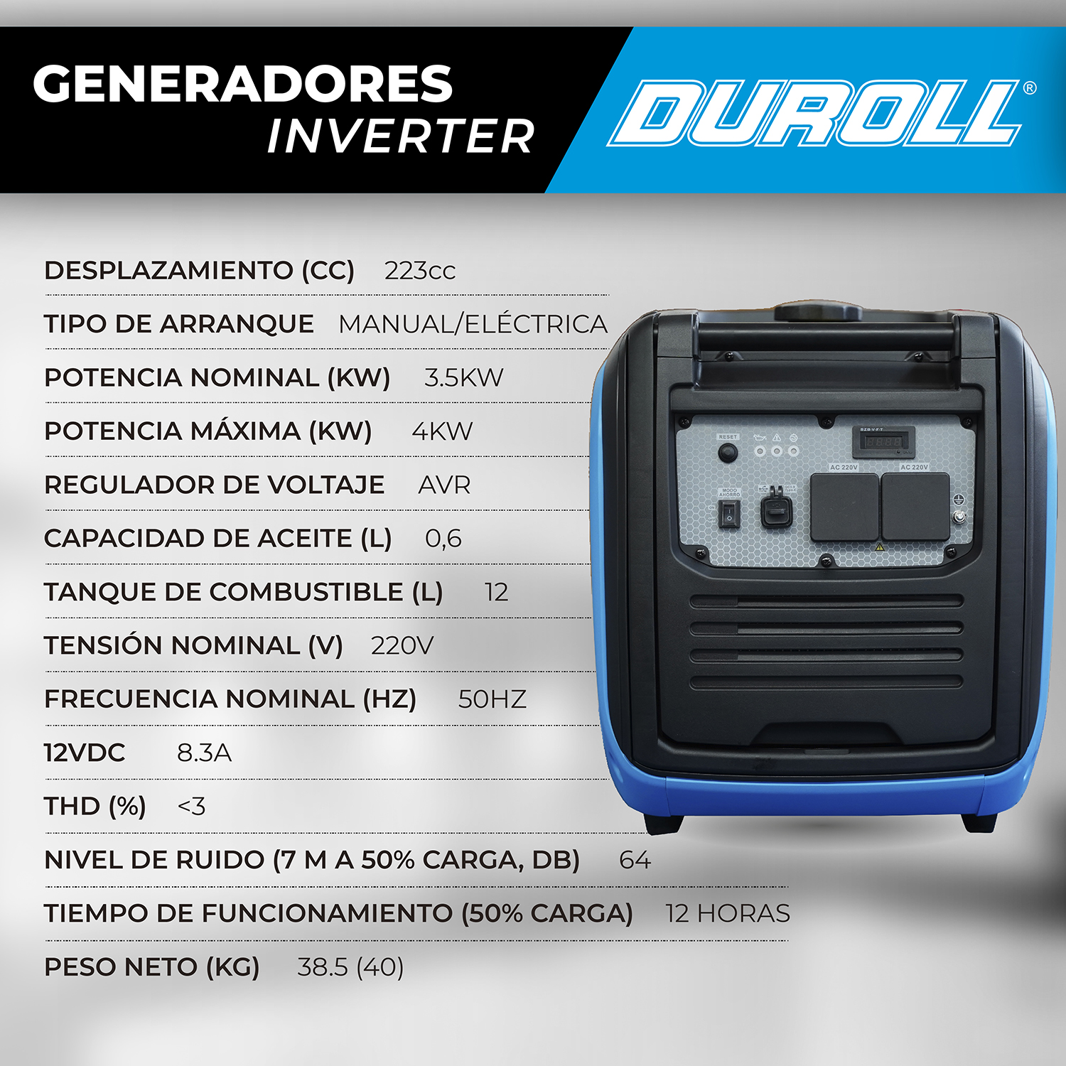 GENERADOR INVERTER INSONORO 4,0KW 223CC ARRANQUE ELÉCTRICO – PANEL USB - Imagen 3