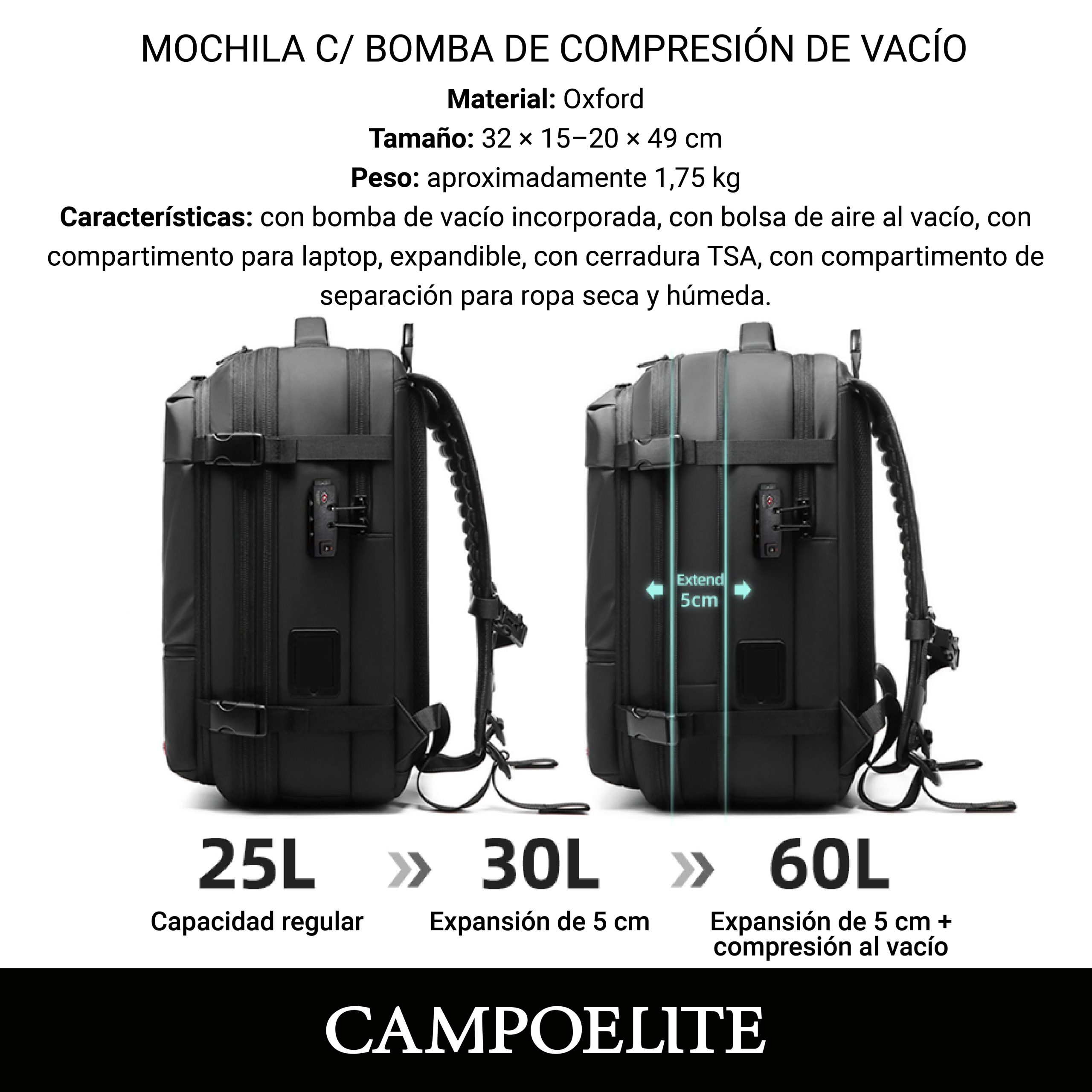 mochila para viaje compresión al vacío bomba aire integrada 7797